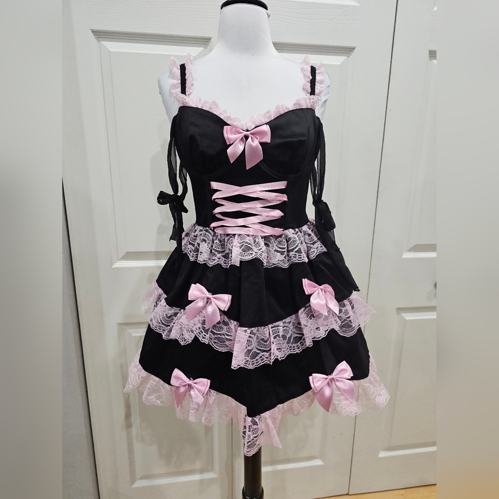 Dolls Kill Widow Thank Goth For You Black Pink Lace Tutu Lolita Mini Dress S